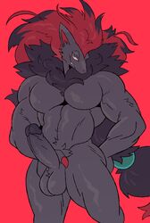 anthro balls black_body black_fur erection fur genitals grey_body grey_fur hair hi_res long_hair male muscular muscular_anthro muscular_male nintendo nude pecs penis pokémon_(species) pokemon pokemon_(species) red_background red_hair simple_background solo tderek99 video_games zoroark