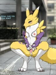 2021 3_fingers 3_toes absurd_res anthro areola armwear bandai_namco blurred_background blush bodily_fluids breasts claws clothing crocodiler_owen crouching detailed_background dialogue digimon digimon_(species) dipstick_ears english_text eyebrows eyelashes feet female fingers fur genital_fluids genitals hi_res mostly_nude multicolored_ears nipples outside peeing pussy renamon solo text toe_claws toes urine watersports