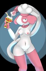 anthro biped black_eyes blush breasts clothing container cup cutlery fakémon female fluffolio food genitals goblet hi_res kitchen_utensils legwear navel nintendo pokémon_(species) pokemon pokemon_xenoverse pussy simple_background smeargle solo spoon standing stockings tongue tongue_out tools video_games