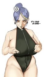 1girls alternate_hairstyle blue_hair breasts covered_nipples covering english_text female female_only flower hair_bun hair_flower hair_ornament huge_breasts konan large_breasts makeup naruto naruto_(series) naruto_shippuden piercing pubic_hair pubic_hair_peek pubic_stubble solo solo_focus thick_thighs thighs tied_hair venus_body voluptuous wide_hips zetomeso