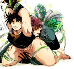 2014 2boys battle_tendency blush censor_bar censored_penis gay hierophant_green jojo's_bizarre_adventure joseph_joestar kichirouji male male/male male_only noriaki_kakyoin penis pubic_hair simple_background stand_(jjba) stardust_crusaders tied_hands tongue_out white_background yaoi