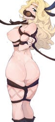 amazon_(dragon's_crown) arms_behind_back ass bit_gag blonde_hair blue_eyes bondage dragon's_crown drooling feather_hair_ornament gag long_hair looking_back morisova muscular_female rope rope_around_neck rope_bondage slave sweat tears