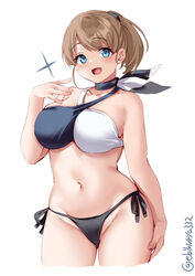 bangs big_breasts bikini black_bikini_bottom blue_eyes blush brown_hair ebifurya female female_only intrepid_(kantai_collection) kantai_collection light_brown_hair looking_at_viewer navel neckerchief open_mouth ponytail side-tie_bikini smile solo swimsuit thick_thighs wide_hips