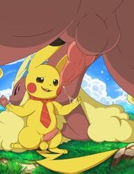 2019 absurd_res animal_genitalia animal_penis backsack balls bodily_fluids canine_penis condom duo feral gay genital_fluids genitals hi_res knot lopunny male male/male male_lopunny nintendo penis pikachu pokémon_(species) pokemon pokemon_(species) precum sexual_barrier_device tricksta video_games