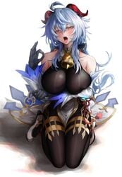 1girls adeptus big_breasts blue_hair breasts cowbell fangs ganyu_(genshin_impact) genshin_impact horns nomipang purple_eyes qilin tight_clothing tongue tongue_out