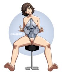 1girls 4headboiii brown_eyes brown_hair dead_eyes feet gynoid mechabare mechanical mechanical_parts robot robot_girl short_hair soles