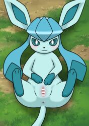 anus blue_body blue_eyes blue_hair blue_nose blush censor_bar censored closed_mouth eeveelution female feral glaceon kyodori_(oyogume) lying nintendo pokémon_(species) pokemon pussy smile solo video_games