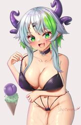 1girls arm_under_breasts bikini blush bob_cut bra bra_pull breasts choker clavicle eye_ball female female_only froot gray_hair green_eyes green_highlights hair_clip horn ice_cream large_breasts leaning_forward lich midriff navel pulling_bra pulling_on_bra purple_bra purple_choker purple_horns short_hair shotenma skin_fang smile smiling smiling_at_viewer solo string_bikini string_panties sweat thick_thighs thighs tight_bikini tight_clothing virtual_youtuber vshojo