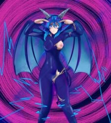 arms_up asada_shino blue_eyes blue_hair crossover demon_girl demon_horns demon_wings devilman_(dragonball) dragon_ball electricity female flatpancakes fortune_teller_baba halloween_costume medium_breasts nipple_slip nipples_visible_through_clothing nude_female one_breast_out pussy short_hair sinon sword_art_online tight_clothing torn_clothes torn_clothing wings