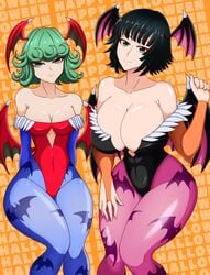 2girls big_breasts breasts clothing cosplay darkstalkers female female_only fubuki_(one-punch_man) green_eyes green_hair halloween huge_breasts kmkz-art large_breasts leotard lilith_aensland_(cosplay) morrigan_aensland_(cosplay) one-punch_man short_black_hair short_green_hair sisters small_breasts tatsumaki thick_thighs thighs