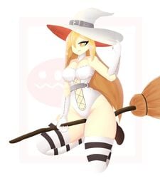 1girls alaki_zezo big_ass big_breasts breasts broom exposed_thighs female geoexe gwain_(gwain_saga) gwain_saga stockings thick_thighs unhappy unhappy_female witch witch_hat