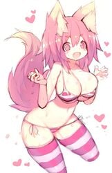 animal_ears big_breasts bikini blush breasts cleavage excited female fox_ears fox_tail heart-shaped_pupils kitsune kitsunemimi mamuru medium_hair open_mouth pink_eyes pink_hair pink_socks pink_swimsuit simple_background smile socks solo swimsuit symbol-shaped_pupils tail thighhighs white_background