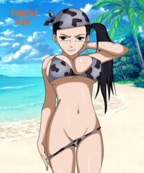 1girls adapted_costume alternate_hairstyle arm_behind_head bandana beach bikini bikini_bottom_pull black_eyes black_hair breasts busty camo camo_print character_name cleavage erect_nipples erect_nipples_under_bikini female flowerinhell kin_tsuchi looking_at_viewer midriff naruto naruto_(classic) naruto_(series) ocean outdoors pelvic_curtain ponytail sand shore side_ponytail smile solo solo_focus standing swimsuit teasing text tied_hair undressing water