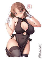 angry big_breasts blush brown_eyes brown_hair china_dress chinese_clothes chiyoda_(kantai_collection) cleavage_cutout ebifurya embarrassed female female_only gloves kantai_collection looking_at_viewer navel nipple_bulge short_hair side_slit sideboob sleeveless solo thick_thighs thighhighs tight_clothing white_gloves wide_hips zettai_ryouiki