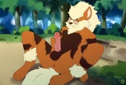 anthro anus arcanine balls canid canine emarcanine erection essien eyewear forest forest_background genitals glasses green_eyes hi_res humanoid_genitalia humanoid_penis male mammal nature nature_background nintendo nude on_ground outside penis plant pokemon pokemon_(species) sitting solo teasing tree video_games