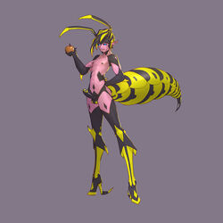 antennae anthro apple arthropod balls blue_eyes eating erect_nipples erect_penis erection full_body heels high_heels humanized natural_heels nude penis pointy_ears pose simple_background standing tailbox wasp