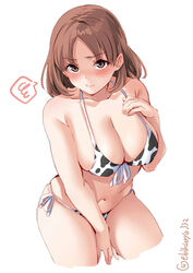 bangs big_breasts bikini blush brown_eyes brown_hair chiyoda_(kantai_collection) cleavage cow_bikini cow_print ebifurya embarrassed female female_only frown hand_on_chest kantai_collection looking_at_viewer medium_hair nipple_bulge side-tie_bikini solo