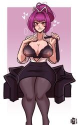 biting_lip blush bra clothed clothing commission commissioner_upload deepbeef female flashing_breasts hair_ribbon hair_up heart hearts_around_head hourglass_figure large_breasts leggings looking_at_viewer office_lady open_topwear painted_nails pantyhose pencil_skirt purple_hair red_eyes removing_clothing scruffyturtles see-through see-through_bra see-through_clothing thick_thighs under_night_in-birth visible_nipples white_ribbon yuzuriha_(under_night_in-birth)