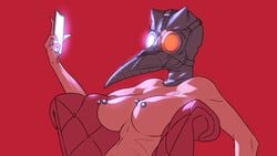 1girls bust close-up goggles hood large_breasts mask nipple_piercing nude plague_doctor portrait red_background sitting smartphone solo tailbox