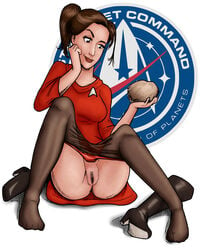 2021 boots erosarts female human lon_ryden on_floor pantyhose red_shirt serena_weksler_(sarkan299) sitting solo star_trek starfleet_insignia starfleet_uniform text tribble_(species) upskirt vulva