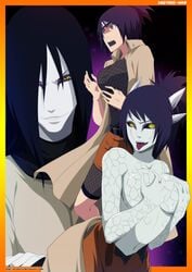 1boy 1girls bandana black_hair black_sclera body_control breast_grab breasts deviantart_username female groping horns locofuria long_hair male mitarashi_anko naruto naruto_(classic) naruto_(series) naruto_shippuden orochimaru reptile sage_mode scalie snake teacher_and_student tongue tongue_out topless transformation white_skin yellow_eyes