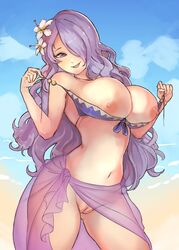 1girls alternate_costume bare_thighs beach bellfonts bikini bikini_top breasts breasts_out camilla_(fire_emblem) camilla_(summer)_(fire_emblem) fire_emblem fire_emblem_fates fire_emblem_heroes flower hair_flower hair_over_one_eye large_breasts long_hair nintendo nipples ocean official_alternate_costume open_mouth purple_bikini purple_eyes purple_hair purple_swimsuit pussy sand sarong see-through smile solo swimsuit thighs undressing untied untied_bikini very_long_hair wavy_hair