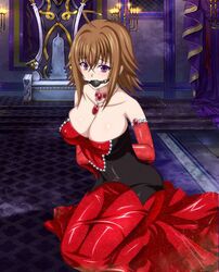 1girls arms_behind_back ball_gag big_breasts bondage bossbb41 breasts brown_hair cleavage collar dress edit female female_only femsub gag gagged high_school_dxd light-skinned_female milf mother official_art purple_eyes red_dress solo solo_female venelana_gremory