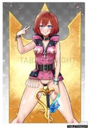 1girls blush casual condom condom_belt female heart_cutout human kairi keyblade kingdom_hearts nipple_cutout nipple_piercing nipples outerwear revealing_clothes square_enix tabletknight used_condom v weapon