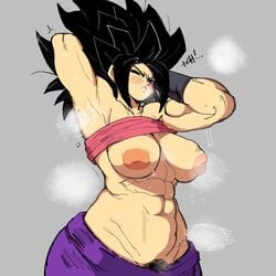 1girls abs areolae armpits big_breasts black_hair blush breasts caulifla dragon_ball dragon_ball_super embo female goldsden huge_breasts large_breasts nipples saiyan shirt shirt_lift sweat upper_body