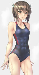 abs bare_arms bare_legs bare_shoulders black_swimsuit brown_eyes brown_hair collarbone competition_swimsuit cowboy_shot eyebrows_visible_through_hair female grey_background hair_between_eyes headgear highres kantai_collection kokuzou looking_at_viewer one-piece_swimsuit short_hair simple_background solo swimsuit taihou_(kantai_collection)