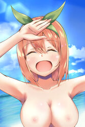 1girls arm_up armpits bangs beach big_breasts blue_sky breasts cheerful cleavage closed_eyes cute day eyebrows_visible_through_hair go-toubun_no_hanayome green_ribbons hair_between_eyes hair_ornament hair_ribbon happy huge_breasts landscape large_breasts light-skinned_female light_skin long_hair nakano_yotsuba nekousagi nipples nude open_mouth orange_hair outdoors petite ribbon sand shiny shiny_hair shiny_skin shore shoulder_length_hair smile solo solo_focus sunlight topless upper_body water waving