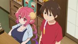 16:9_aspect_ratio 1boy 1boy1girl 1girls 2d 2d_animation adjusting_clothes aida_taketo animated apron blue_shirt bouncing_breasts breasts brown_hair caught_in_the_act cleavage close-up clothing dragon_girl dragon_horns embarrassed eyebrows_visible_through_hair female hd hd_(traditional) horns huge_breasts ilulu_(dragon_maid) large_breasts long_hair looking_at_another looking_at_breasts looking_at_viewer looking_away male miss_kobayashi's_dragon_maid monster_girl no_sound official_art official_copyright pointed_ears red_eyes red_hair red_shirt screen_capture screencap sharp_teeth shirt short_hair shorter_female shortstack size_difference slit_pupils smug standing straight tagme taketo_(dragon_maid) taller_male teeth thick video