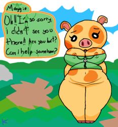 2018 animal_crossing big_breasts bottomless breasts female fur klutzatdusk maggie_(animal_crossing) nintendo nipple_bulge nipple_slip pig slightly_chubby speech_bubble thick_thighs video_games wide_hips