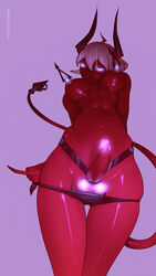 1futa areolae balls breasts clothing demon_girl erection futa_only futanari glowing_balls glowing_eyes glowing_genitalia glowing_nipples glowing_penis humanoid humanoid_penis hypnotic hypnotizing_viewer medium_breasts nipples nude panties panties_down penis red_skin simple_background solo standing succubus tailbox