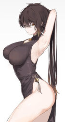 1girls arm_up armpits ass black_dress black_hair blonde_hair breasts china_dress chinese_clothes cleavage_cutout clothing_cutout cowboy_shot dress female female_only gem genderswap_(mtf) genshin_impact gradient_hair hair_between_eyes highres impossible_clothes impossible_dress large_breasts looking_at_viewer looking_to_the_side multicolored_hair no_panties otsumami_(02mami) ponytail rule_63 side_slit simple_background skin_tight sleeveless sleeveless_dress solo thighs white_background yellow_eyes zhongli_(genshin_impact) zhongli_jiejie