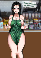 apron_only artist_request big_breasts goth gothic hucow huge_breasts iced_latte_with_breast_milk lactating lactation lilith_romana meme milk nipples_visible_through_clothing purple_eyeshadow smiling_at_viewer star_of_david starbucks submissive submissive_female thick_thighs waitress