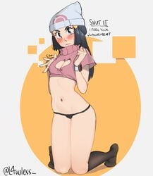 1girls abstract_background black_hair blush cleavage cleavage_cutout dawn_(pokemon) embarrassed english_text hat kneeling l4wless panties pokemon small_breasts