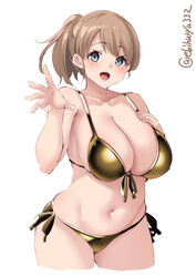 bangs big_breasts bikini blue_eyes blush boobs brown_hair cleavage ebifurya female female_only gold_bikini golden_bikini hand_on_chest huge_breasts intrepid_(kantai_collection) kantai_collection light_brown_hair looking_at_viewer open_mouth ponytail side-tie_bikini sideboob smile solo swimsuit thick_thighs waving wide_hips