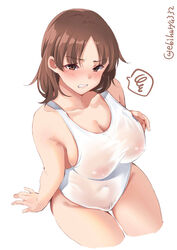 angry bangs big_breasts blush brown_eyes brown_hair chiyoda_(kantai_collection) clenched_teeth ebifurya embarrassed female kantai_collection looking_at_viewer navel nipples_visible_through_clothing one-piece_swimsuit pubic_hair see-through_clothing short_hair sitting solo swimsuit white_swimsuit