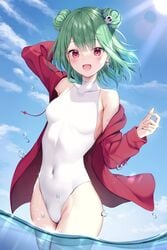 1girls female green_hair hololive hololive_fantasy hololive_japan jacket looking_at_viewer one-piece_swimsuit open_mouth owo_utekiro red_eyes skintight small_breasts solo swimsuit tagme uruha_rushia utekiro virtual_youtuber water