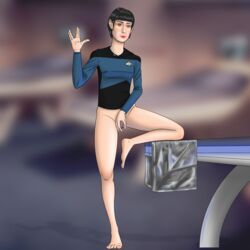 alien blue_shirt bottomless female humanoid looking_at_viewer pointy_ears presenting presenting_pussy selar solo standing star_trek star_trek_the_next_generation starfleet_insignia starfleet_uniform unknown_artist vulcan_(species) vulcan_salute vulva