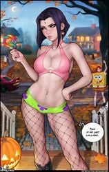 aroma_sensei bob_cut breasts cleavage clothed costume dc dc_comics female female_focus fishnets halloween jack-o'-lantern lollipop medium_breasts multiple_girls navel navel_piercing offscreen_character pale_skin patrick_star purple_eyes purple_hair rachel_roth raven_(dc) smooth_skin solo_focus starfire tagme teen_titans