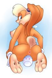 2:3 anthro anus ass blonde_hair bodily_fluids breasts clothing easter_egg feet female full-length_portrait fur genital_fluids gloves gloves_only hair half-closed_eyes handwear handwear_only hi_res kneeling lagomorph leporid lola_bunny looney_tunes mammal minxydoodle mostly_nude narrowed_eyes nipples portrait pussy_juice rabbit rear_view soles solo wariza warner_brothers