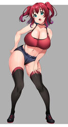 1girls bangs bare_shoulders belly belly_button big_breasts blue_eyes blunt_bangs breasts choker cleavage curvaceous curvy curvy_figure cute eye_contact eyebrows_visible_through_hair female female_only full_body g-string hair_between_eyes hi_res high_resolution highleg highleg_panties highres hourglass_figure huge_breasts kurosawa_ruby large_breasts large_filesize leaning_to_the_side legwear light-skinned_female light_skin linea_alba looking_at_viewer love_live! love_live!_sunshine!! midriff navel off_shoulder open_mouth pigtails purple_hair red_hair redhead revealing_clothes shiny_skin short_shorts shorts sidelocks simple_background solo solo_female tem10 tied_hair tongue two_tone_hair upper_teeth very_high_resolution wide_eyed wide_hips