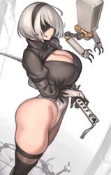 1girls alternate_breast_size android big_breasts blindfold breasts cleavage female female_only grey_hair katana kelvin_hiu large_breasts nier nier:_automata nier_(series) short_hair solo standing sword thick_thighs thighhighs thighs yorha_2b