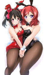 2girls ass big_ass big_breasts big_hips black_hair breasts bunny_ears bunnysuit cleavage female female_only hand_holding hips kirisaki_reina leotard light-skinned_female light_skin love_live! love_live!_school_idol_project mostly_clothed nishikino_maki purple_hair red_eyes red_hair thick_thighs thighs tight_clothing yazawa_nico yuri