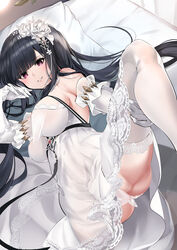 1girls azur_lane bangs big_breasts black_hair blush blush dress flower flower_in_hair hand_on_head leg_lift leg_up long_hair on_bed on_side panties peter_strasser_(a_moment_frozen_in_pure_white)_(azur_lane) peter_strasser_(azur_lane) purple_eyes smile smiling smiling_at_viewer thick_thighs thighhighs thighs very_long_hair white_dress