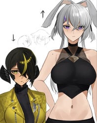 au_ra bangs bare_arms bare_midriff bare_shoulders belly_button big_breasts black_hair black_legwear black_skirt bunny_ears clothed clothing dark-skinned_female dark_elf dark_hair dark_skin elf elf_ears elf_female female female_focus female_only final_fantasy final_fantasy_xiv hair_between_eyes hair_over_one_eye height_difference horn horned_humanoid horns large_breasts lilith_(lilycious) lilycious long_sleeves looking_at_viewer midriff_baring_shirt mole mole_under_mouth multicolored_hair open_clothes pointy_ears purple_eyes see-through_clothing short_hair tagme taller_girl viera white_hair xaela yellow_eyes yellow_hair