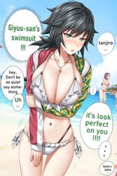 arm_under_breasts beach big_breasts bikini black_hair blue_eyes blush breasts cleavage demon_slayer detailed_background eye_contact female hoodie huge_breasts kamado_tanjirou kimetsu_no_yaiba long_sleeves looking_at_viewer rule_63 side-tie_bikini solo_focus speech_bubble standing sweatshirt sweatshirt_and_bikini swimsuit text thick_thighs thigh_gap thighs thong tomioka_giyuu white_bikini yakimi_27