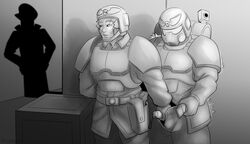 1boy 1girls astra_militarum clothed_sex commissar female greyscale guardsman_(warhammer_40k) guardswoman_(warhammer_40k) handjob imperial_guard imperium_of_man lewdbees_(artist) masked masked_male penis penis_out straight warhammer_(franchise) warhammer_40k